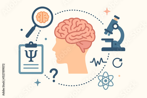 Psychology concept of mental health, neuroscience research and cognitive science. Vector illustration with brain in head, microscope, psi symbol. Therapy and neurology exploration.