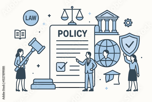 Corporate governance vector illustration. Business policy, law, and regulation concept. Legal framework for company compliance, ethics, and rules. Management and justice symbols.