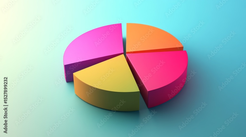Obraz premium A minimalist D pie chart with clearly defined segments in bold colors, displayed on a smooth gradient background, emphasizing simplicity in data visualization.