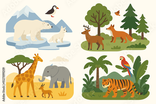 Global ecosystem diversity with animals from different biomes. Arctic polar bear, forest fox, savanna elephant, jungle tiger. World wildlife habitats and biodiversity vector illustration set.