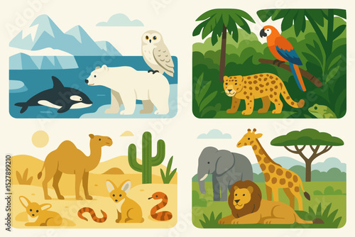 World biomes vector illustration set showing global ecosystem diversity. Four habitats: Arctic with polar bear, jungle with jaguar, desert with camel, African savanna with lion.