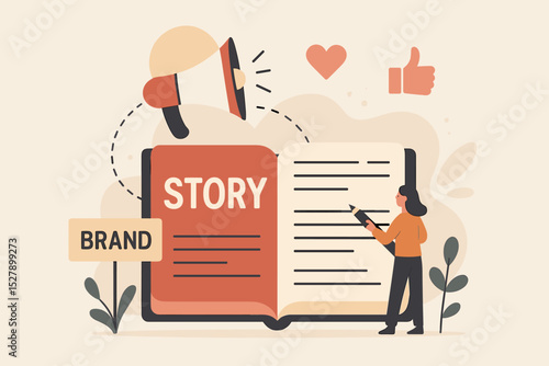 Brand storytelling illustration. Marketing concept with woman writing a brand narrative. Content creation for advertising and building brand identity. Communication, promotion and engagement.