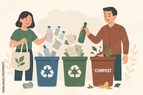 People sorting waste for recycling and compost. Eco-friendly couple segregating garbage into different bins. Environmental conservation and zero waste lifestyle concept vector.