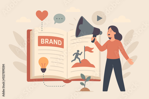 Brand storytelling marketing concept. Woman with megaphone creating a business narrative. Corporate communication strategy, content creation, and brand identity development for growth.