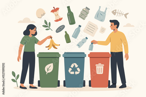People sorting waste for recycling concept. Man and woman putting garbage into different containers for trash separation. Environmental protection and sustainable lifestyle vector.