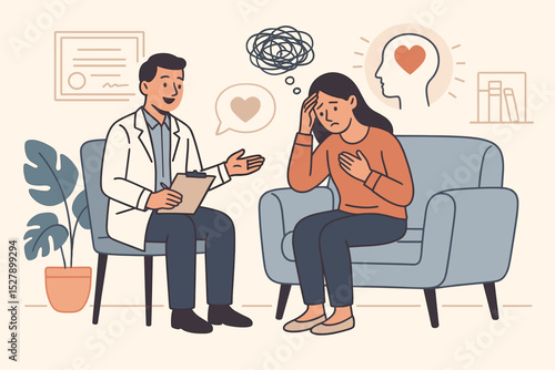 Psychologist counseling a sad female patient with anxiety and depression. Mental health care and therapy session concept. Doctor providing support for tangled thoughts and stress.