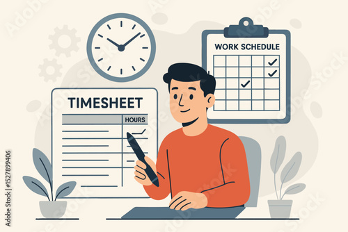 Time management concept. Employee filling out timesheet and tracking work hours. Man planning work schedule for productivity and efficiency. Office organization and deadline control.