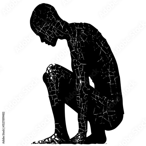 a black silhouette of a sad man sitting on his knees with his hands behind his head black, body, hand, head, knee, kneel, line, man, person, sad, silhouette, sit, sit on , Generative art.