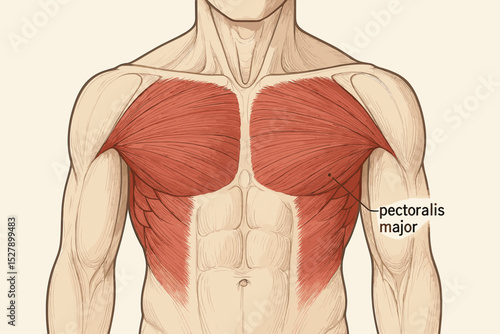 Vector illustration of the pectoralis major muscle anatomy. Male chest and torso muscular system diagram. Human body biology chart for medical education, fitness, and bodybuilding.