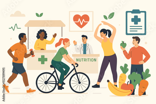 Vibrant health fair illustration with diverse people. Community wellness event concept with doctor, nutrition advice, fitness, exercise, cycling, and healthy food promotion.