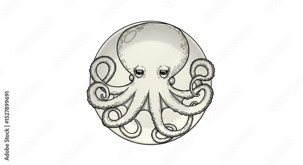 Octopus on a Moon Circle - A charming illustration of an octopus nestled within a circular moon design. Simple, elegant, and intriguing Octopus on a Moon Circle - A charming illustration of an octopus nestled within a circular moon design. Simple, elegant, and intriguing