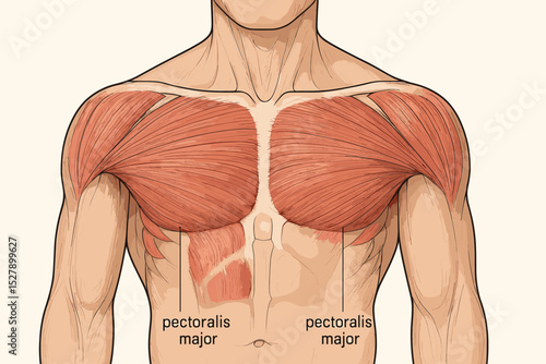 Pectoralis major muscle anatomy vector illustration. Medical diagram of human chest muscles. Anatomical chart of the pectoral muscular system for biology, science and fitness education.