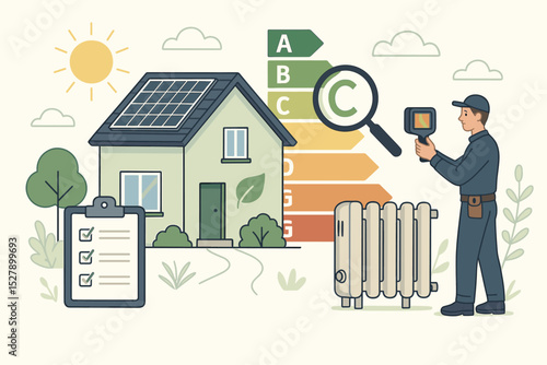 Sustainable home energy audit. Inspector with thermal camera checks heating. Eco house with solar panels. Energy efficiency performance certificate and rating. Green building concept.
