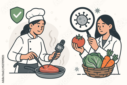 Food safety concept with chef cooking meat to a safe temperature and a scientist inspecting vegetables for bacteria. Vector illustration of hygiene, quality control, and sanitation.
