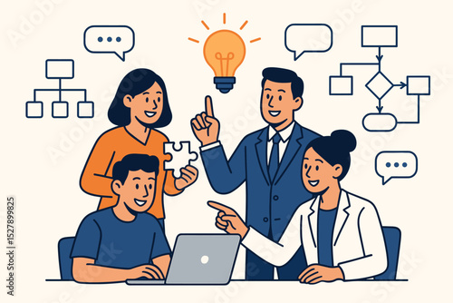 Teamwork and leadership concept illustration. Business people collaborating in office meeting. Brainstorming for new ideas, innovation, and problem solving. Project strategy and solution.