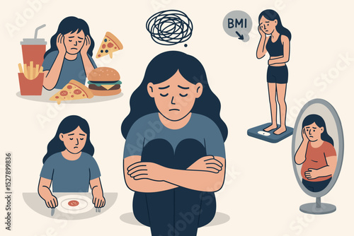 Eating disorder concept. Anorexia and bulimia. Woman with body dysmorphia sees distorted reflection in mirror. Mental health problem. Depression, anxiety, BMI, diet, weight obsession.
