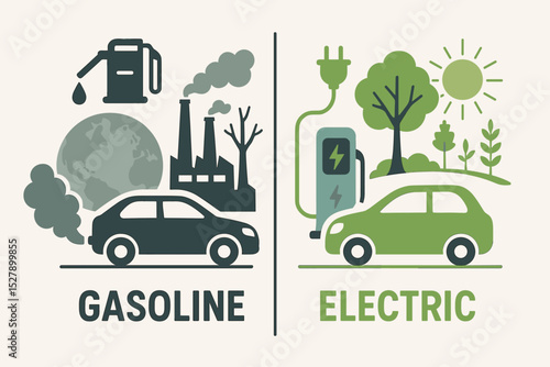 Electric car vs gasoline car vector illustration. Comparison between clean green energy and fossil fuel pollution. Concept for sustainable transport, climate change, and EV future.