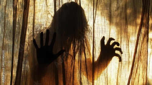 Shadowy Figure Behind a Sheer Curtain in Dim Light, Evoking a Mysterious and Eerie Atmosphere