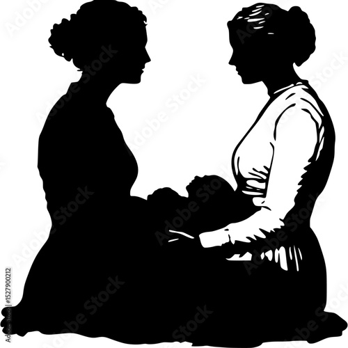 a black and white image of an older couple with a baby sitting baby, black, child, couple, image, old, silhouette, sit, woman 