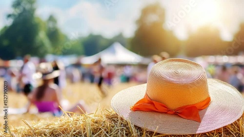 Summer Festival Scene with Sun Hat on Straw Field and Blurred Background of People Enjoying Outdoor Activities