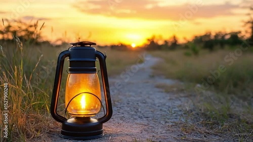 Vintage Lantern at Sunset on a Scenic Pathway Through a Beautiful Grassy Landscape