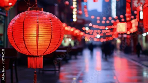 Vibrant Red Lanterns Illuminate Busy Street During Nighttime Festival in Asian Cityscape