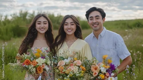Happy friends holding colorful flower bouquets in a sunny green field with cloudy sky background