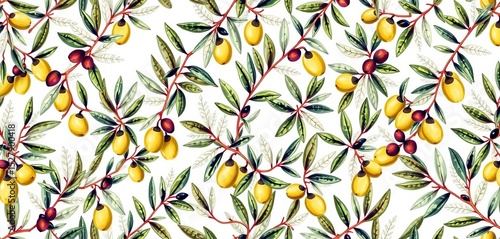Seamless olive branch and leaf pattern; vintage botanical illustration,  olive grove,  nature
