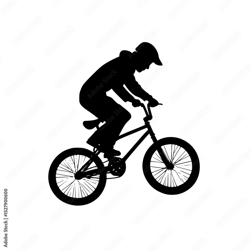 Naklejka premium a black silhouette of a man riding a bicycle bicycle, bike, black, man, ride, silhouette , Generative art.