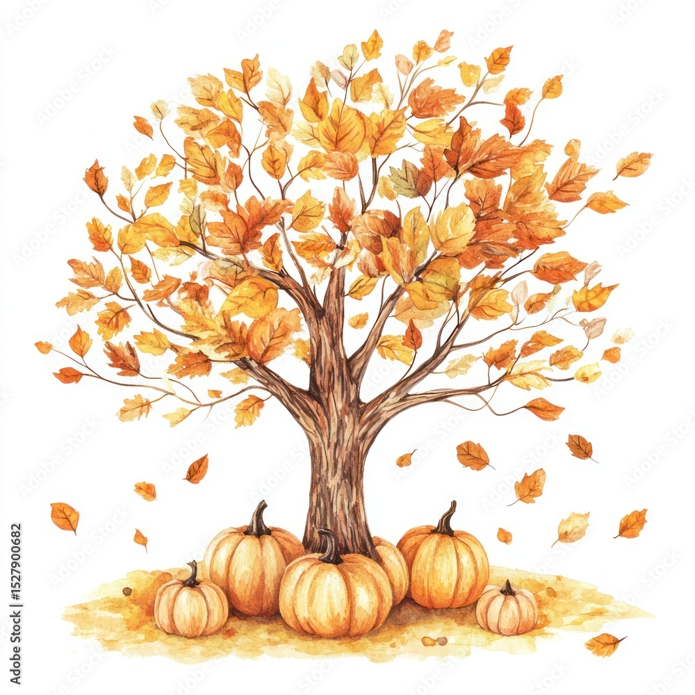 Naklejka premium Watercolor illustration of an autumn tree with pumpkins