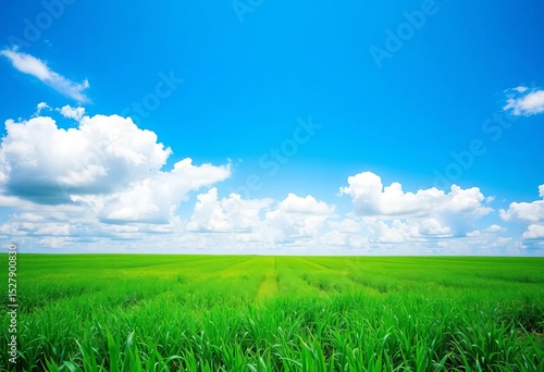 Seamless vector border of vibrant green field under a bright blue sky with fluffy white clouds,  white,  design