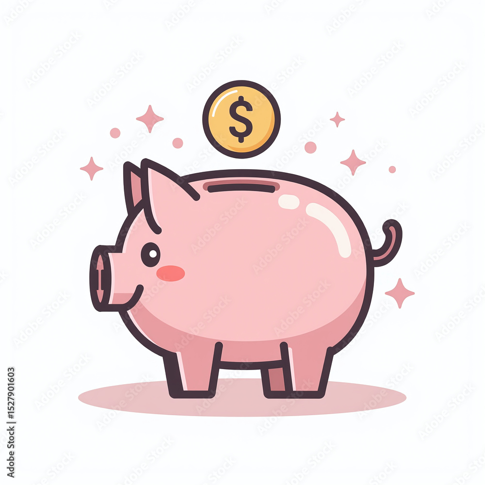 Fototapeta premium Flat vector illustration of piggy bank with coin. Savings, money management, financial planning and budgeting concept. Cute minimal design isolated on white background