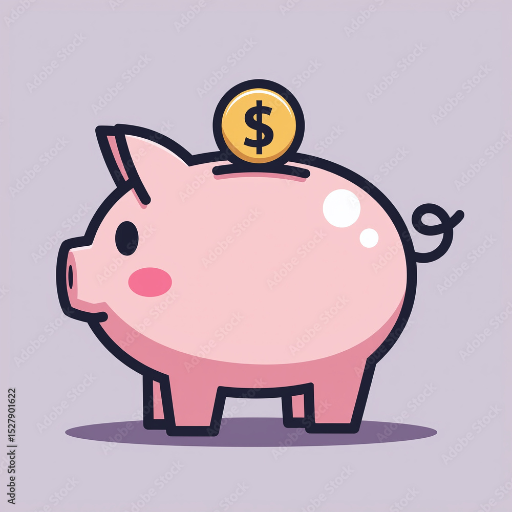 Obraz premium Flat vector illustration of piggy bank with coin. Savings, money management, financial planning and budgeting concept. Cute minimal design isolated on white background