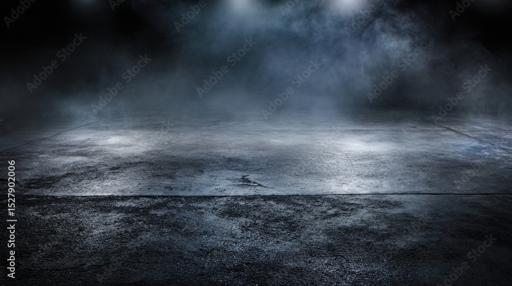 Fototapeta premium Dark, wet asphalt surface illuminated by blue lights with mist and fog creating a mysterious and moody atmosphere.