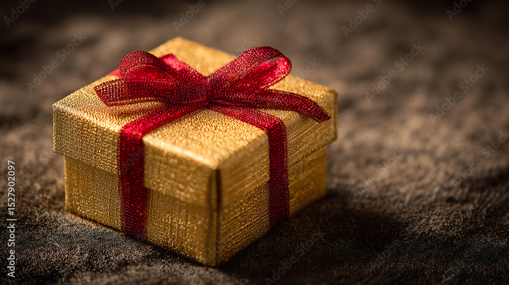 Golden gift box with red ribbon bow on velvet, evoking luxury and celebration Golden gift box with red ribbon bow on velvet, evoking luxury and celebration