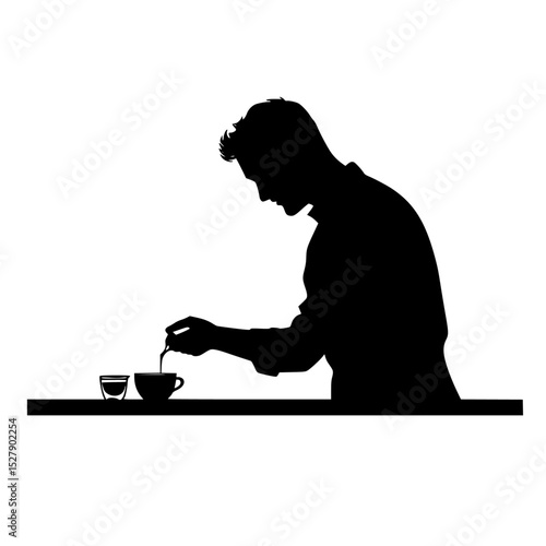 a black silhouette of a man sitting at a table stirring a cup of tea black, cup, drink, eat, food, man, person, silhouette, sit, stir, table, tea , Generative art.
