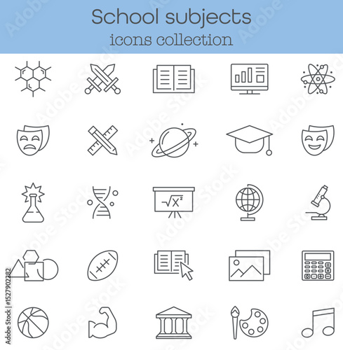 Set of school subjects linear icons. Science, music and art lessons. Geography, physics, history, mathematics, astronomy, biology icons for students curriculum. Flat vector illustration.