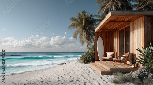 Wallpaper Mural Cozy boho surfer bungalow on the shore of the turquoise ocean, beautiful traveling background, beach summer vacations, scenic idyllic sea landscape Torontodigital.ca