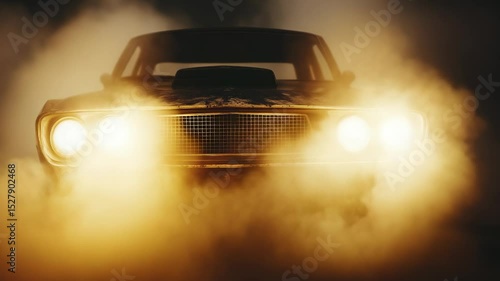 A classic muscle car with bright headlights emerges through a thick cloud of dust, capturing the essence of power and motion against a dimly lit backdrop.