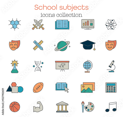 School subjects icons set. Science, music and art lessons. Geography, physics, history, mathematics, astronomy, biology icons for students curriculum. Colored flat vector illustration.