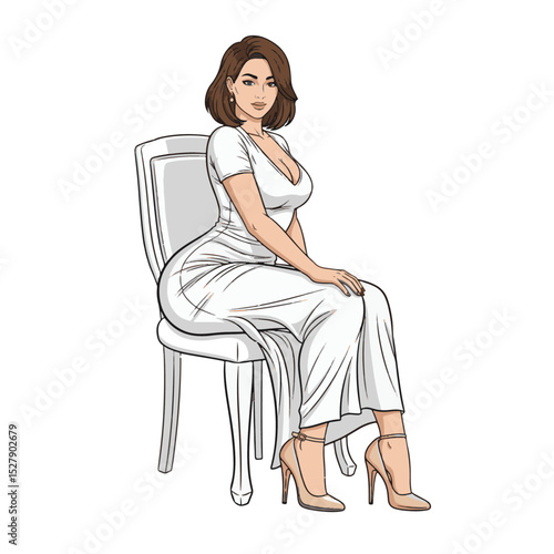 Elegant woman sitting on a chair wearing a stylish dress showcasing grace and poise