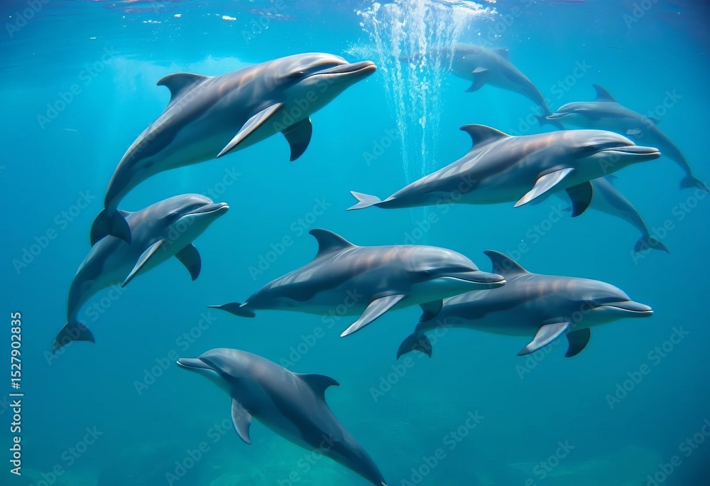 Obraz premium Bottlenose dolphins (Tursiops truncatus) in various playful poses underwater, underwater, Bottlenose dolphin