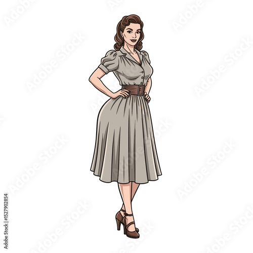 Elegant woman in vintage dress with confident pose showcasing timeless fashion appeal