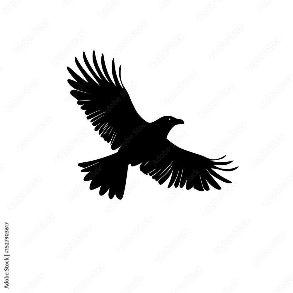Fototapeta premium the black silhouette of a crow in flight with wings spread bird, black, crow, flight, fly, raven, silhouette, wing , Generative art.