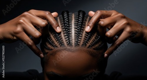 Close up view of intricate cornrow braids on a head with hands touching the hair