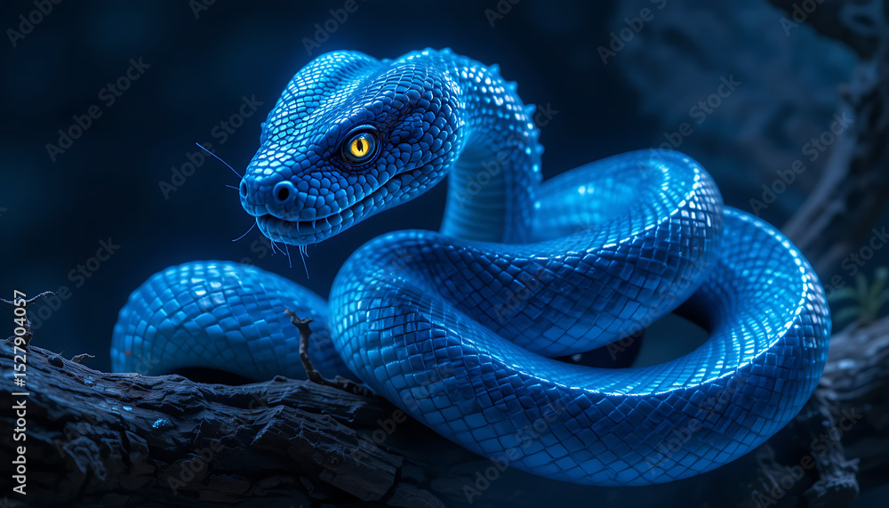 Fototapeta premium Striking Blue Viper Coiled on Branch with Intense Yellow Eyes
