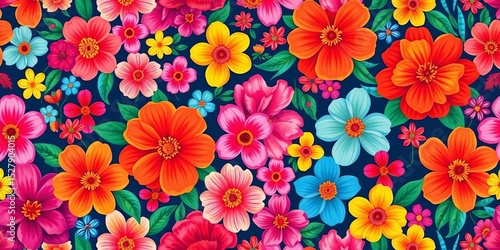Seamless bright floral pattern, colorful blossoms and blooms, repeating texture, multicolored backdrop for textile design, print, textile pattern