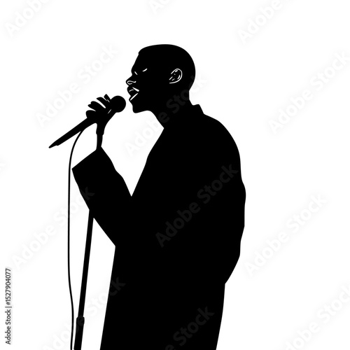 a black silhouette of a man singing into a microphone black, hold, man, microphone, silhouette, singe, singer, stage , Generative art.