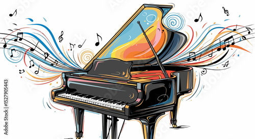  Colorful Music Burst from Grand Piano – Vibrant Abstract Illustration