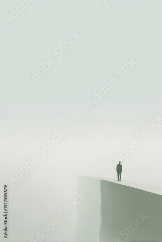 minimalist photograph of single human figure standing on edge of swiss mountain slope casting long shadows